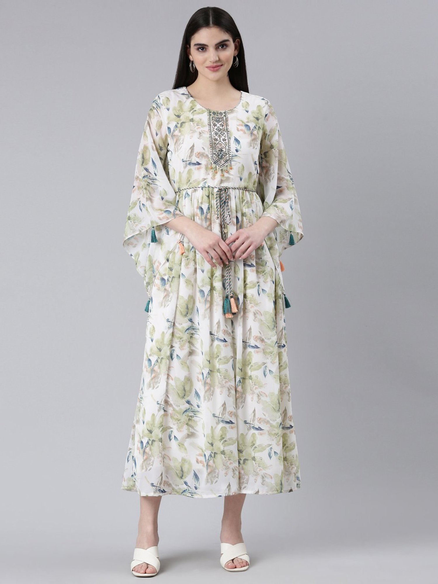 Neerus Green Floral Print A-Line Dress