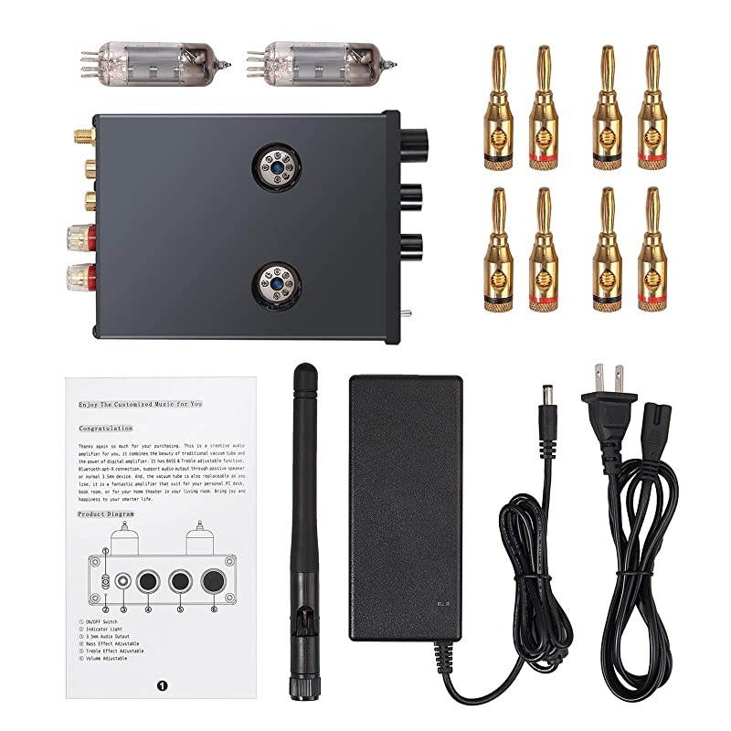 Bluetooth Vacuum Tubes Stereo Audio Amplifier Receiver Certified aptX Low Latency, 2 Channel Mini Hi-Fi Class D Integrated Amp for Home Passive Speakers 50W + 50W