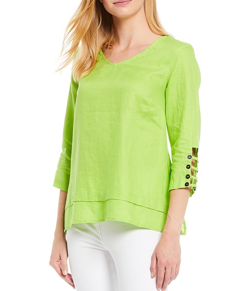 Ali Miles Petite Size V-Neck Button Trim Sleeve Linen Tunic