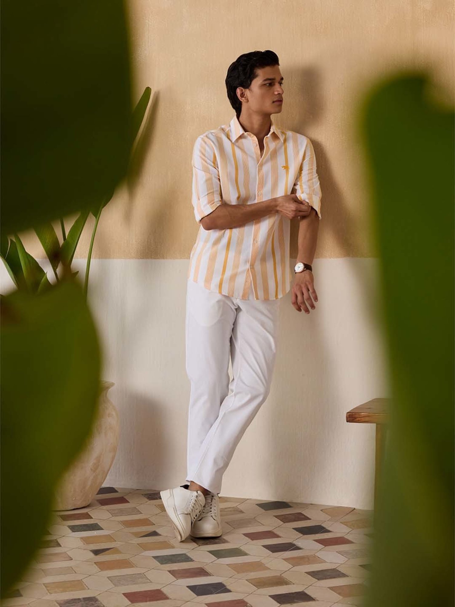 Andamen Orange Cotton Regular Fit Striped Shirt