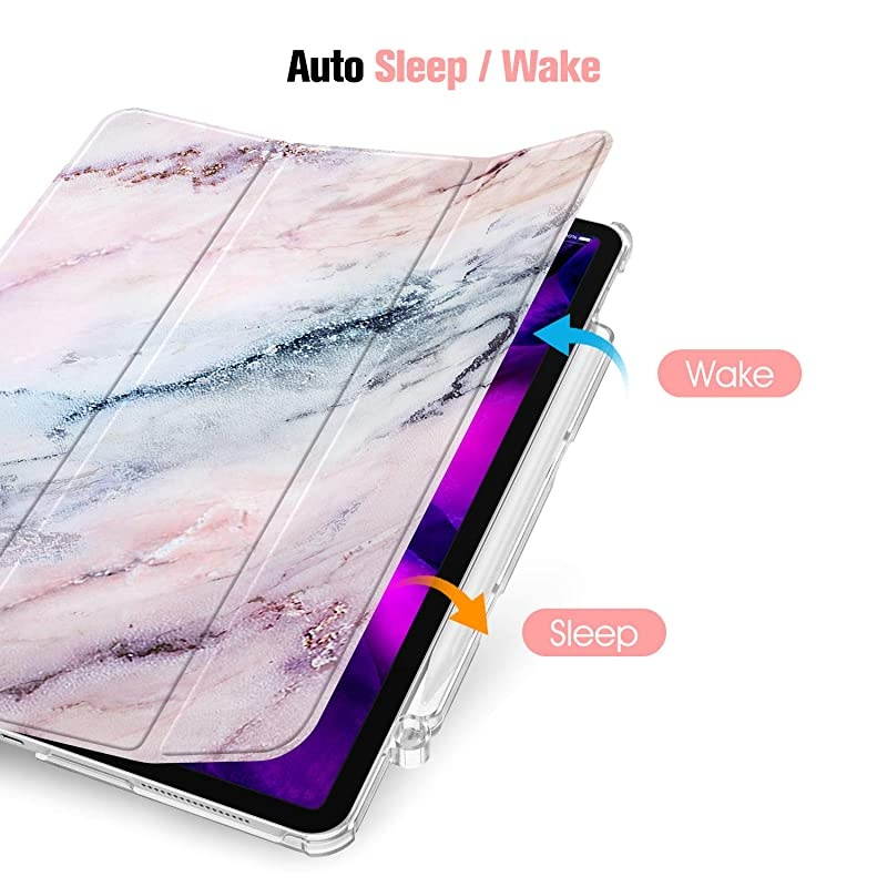 SlimShell Case for iPad Pro 129quot 4th amp 3rd Generation 20202018 with Pencil Holder Lightweight Cover Translucent Frosted Stand Hard Back Auto WakeSleep Marble Pink