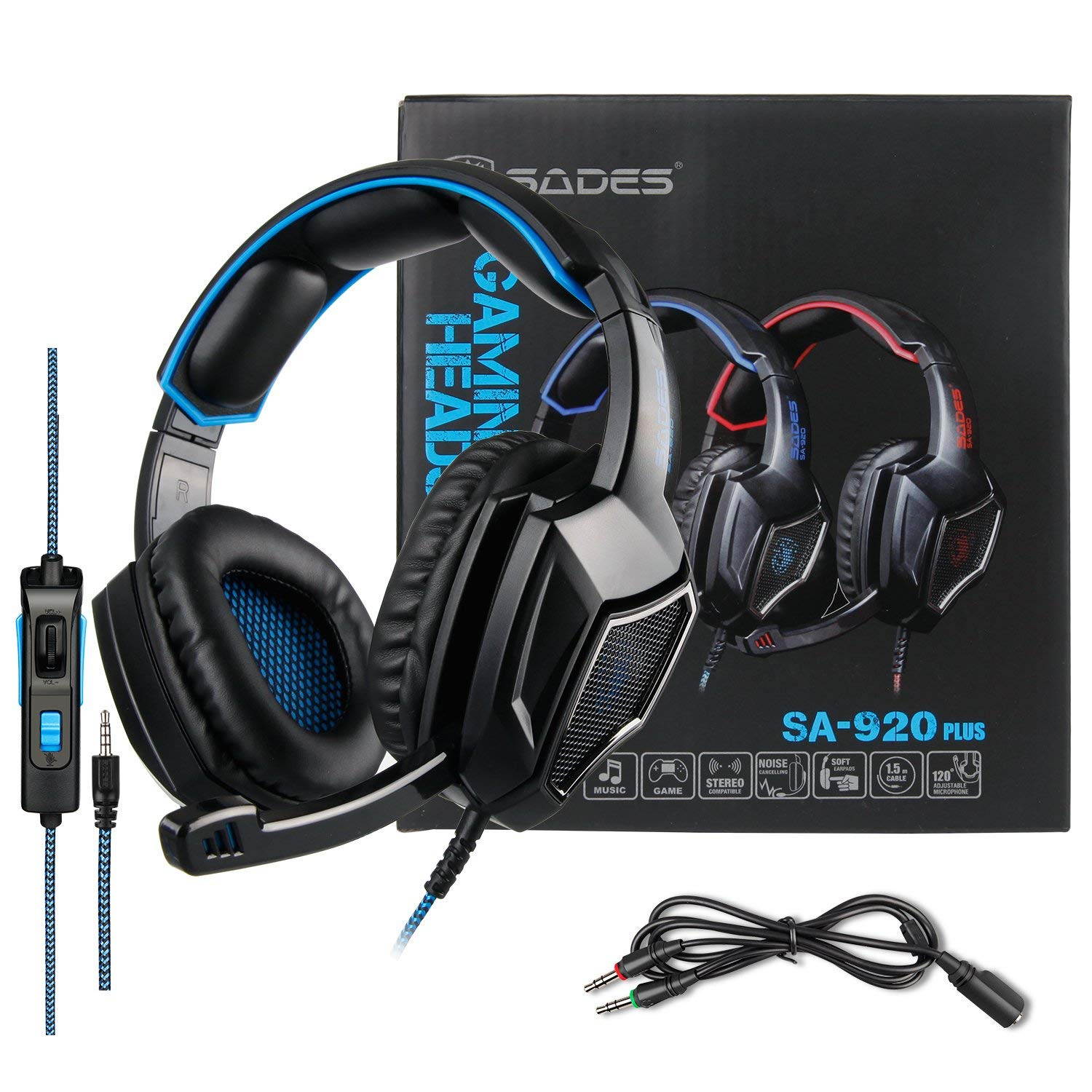 Stereo Gaming Headset PS4 Xbox One S, SADES SA920PLUS Noise Cancelling Over Ear Headphones with Mic, Bass, Soft Memory Earmuffs for PC Laptop Mac Nintendo Switch Games Mobile