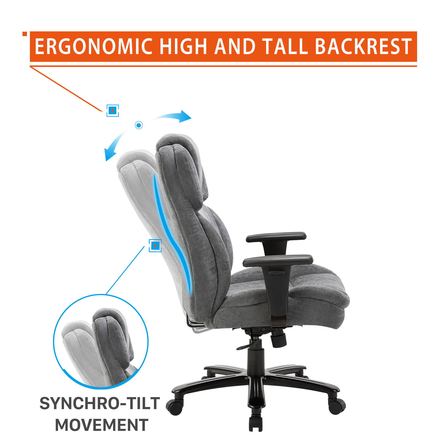 CLATINA Ergonomic Big & Tall Executive Office Chair with Upholstered Swivel 400lbs High Capacity Adjustable Height Thick Padding Headrest and Armrest for Home BIFMA Certified