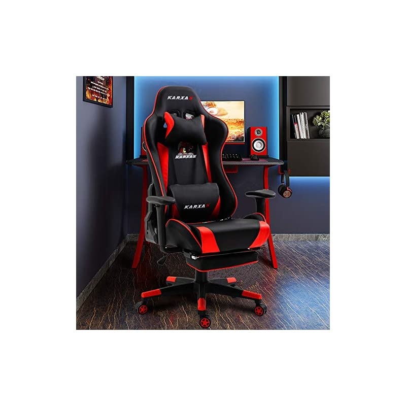 Ergonomic Gaming Chair High-Back Racing Style Gamer Chair PU Leather Height Adjustable Computer Desk Chair with Massage Lumbar Recliner Footrest and Headrest(Red)