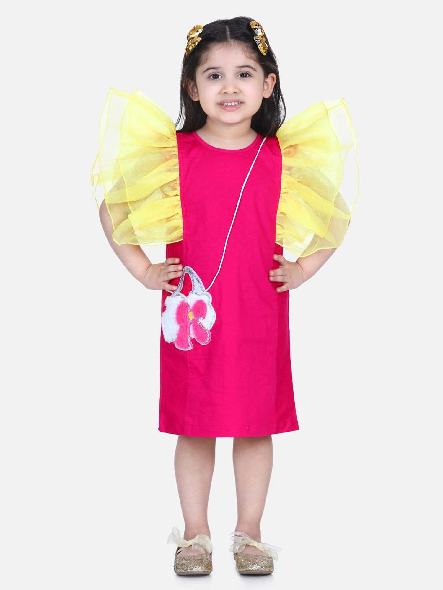 LilPicks Kids Pink & Yellow Cotton Embelished Dress
