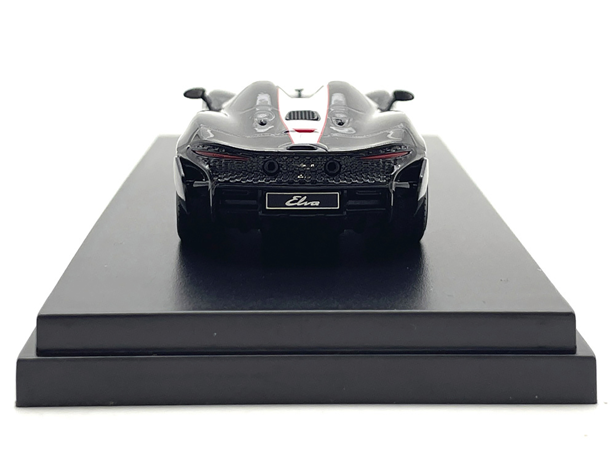 McLaren Elva Convertible #4 Carbon Black with White and Red Stripes 1/64 Diecast Model Car by LCD Models
