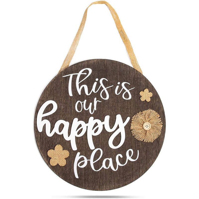 Hanging Wood Sign, This Is Our Happy Place (11.75 x 11.75 Inches)