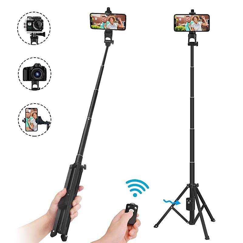 Stick Tripod,54" Extendable Tripod Stand with Cell Phone Mount Holder & Rechargeable Wireless Remote,Lightweight, Compatible with iPhone & Android Phone,Camera,Gopro