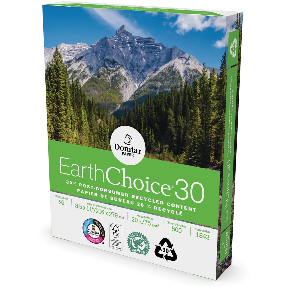 Domtar 1842 EarthChoice 30 Recycled Office Paper, 8.50" x 11", 20 lb Basis, 92 Brightness, White - 1 Carton (5000 Sheets)