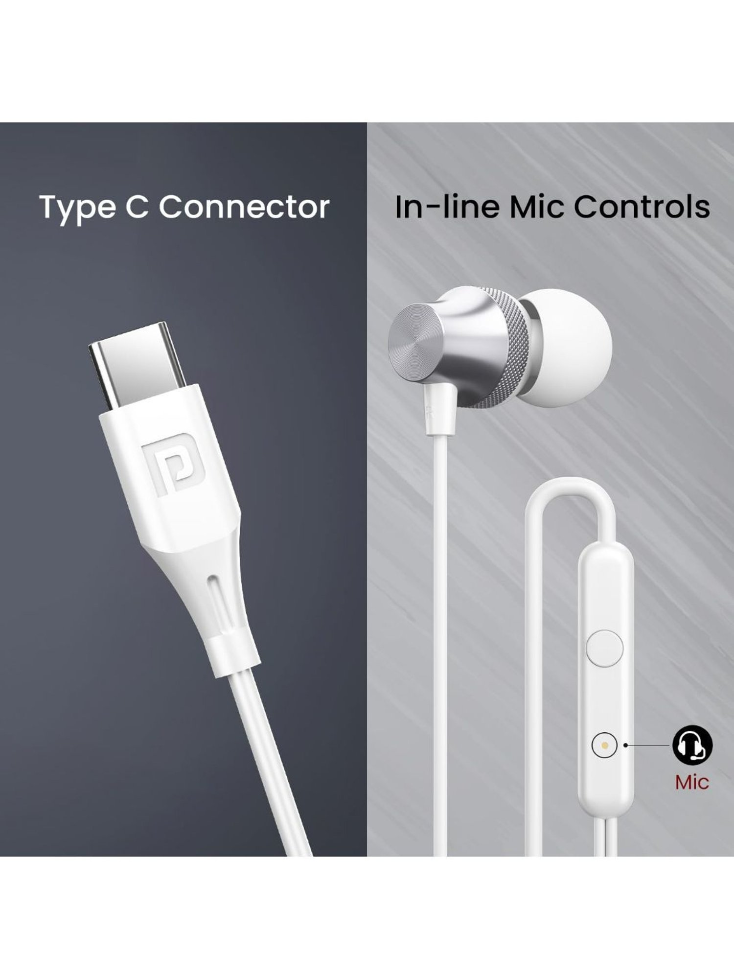 Portronics Conch Beat C in Ear Wired Earphones with Mic, Type C Audio Jack, 10mm Driver (Silver)