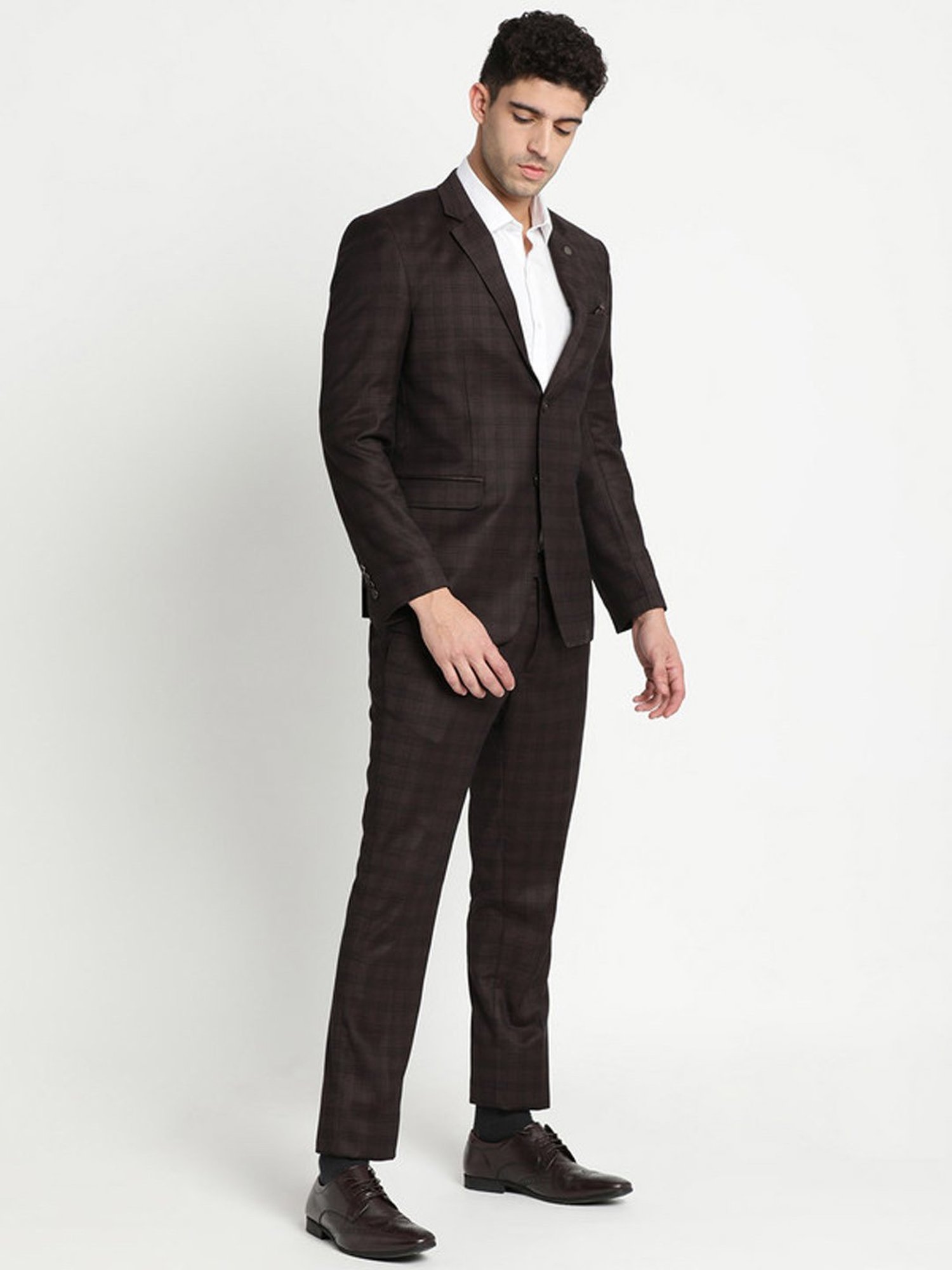 Turtle Brown Slim Fit Checks Two Piece Suit
