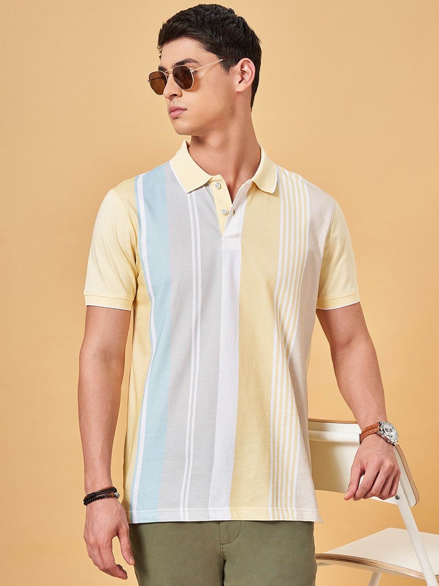 Byford By Pantaloons Lemonade Slim Fit Striped Polo T-Shirt