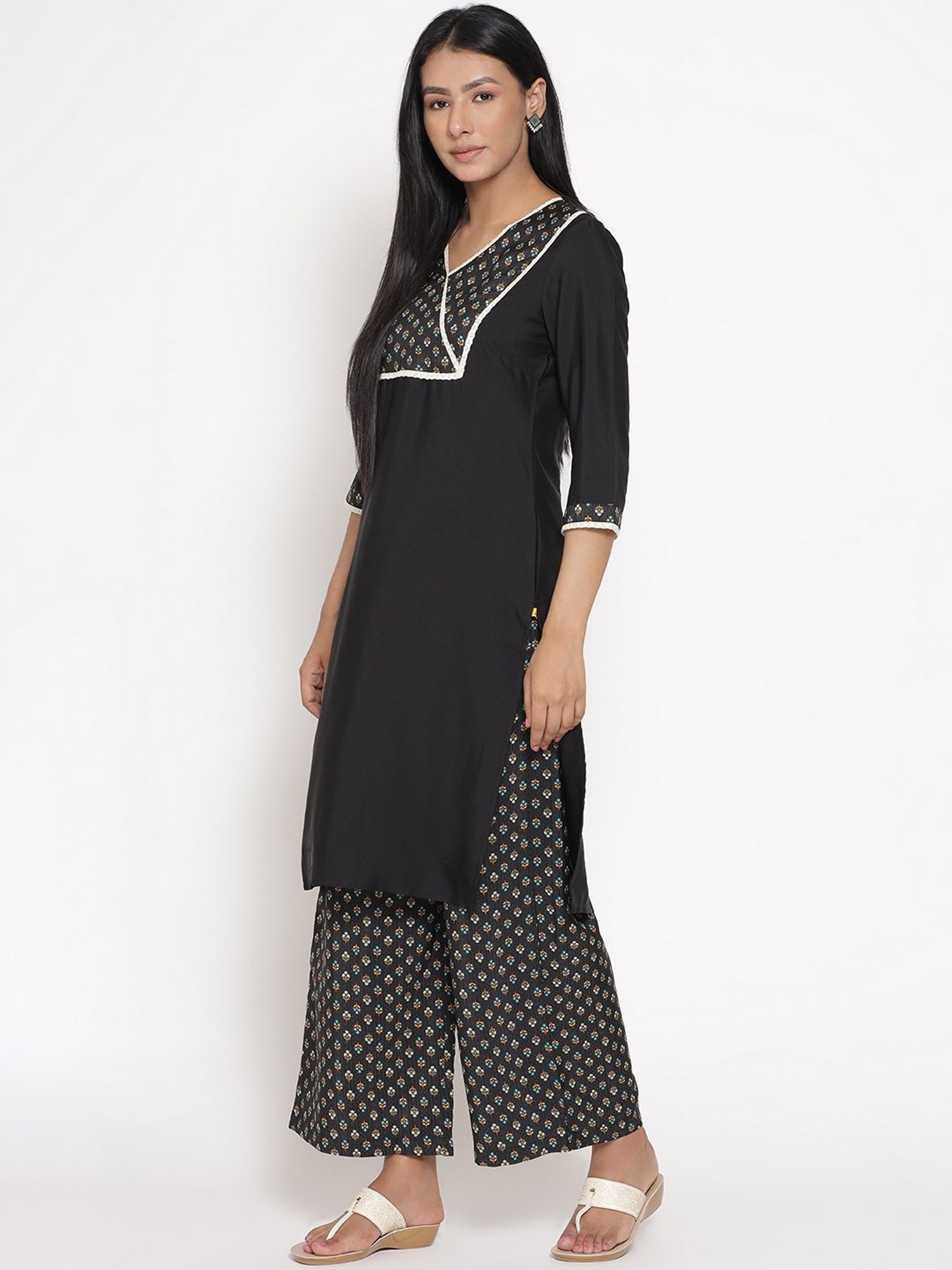 Aurelia Black Floral Print Kurta Palazzo Set