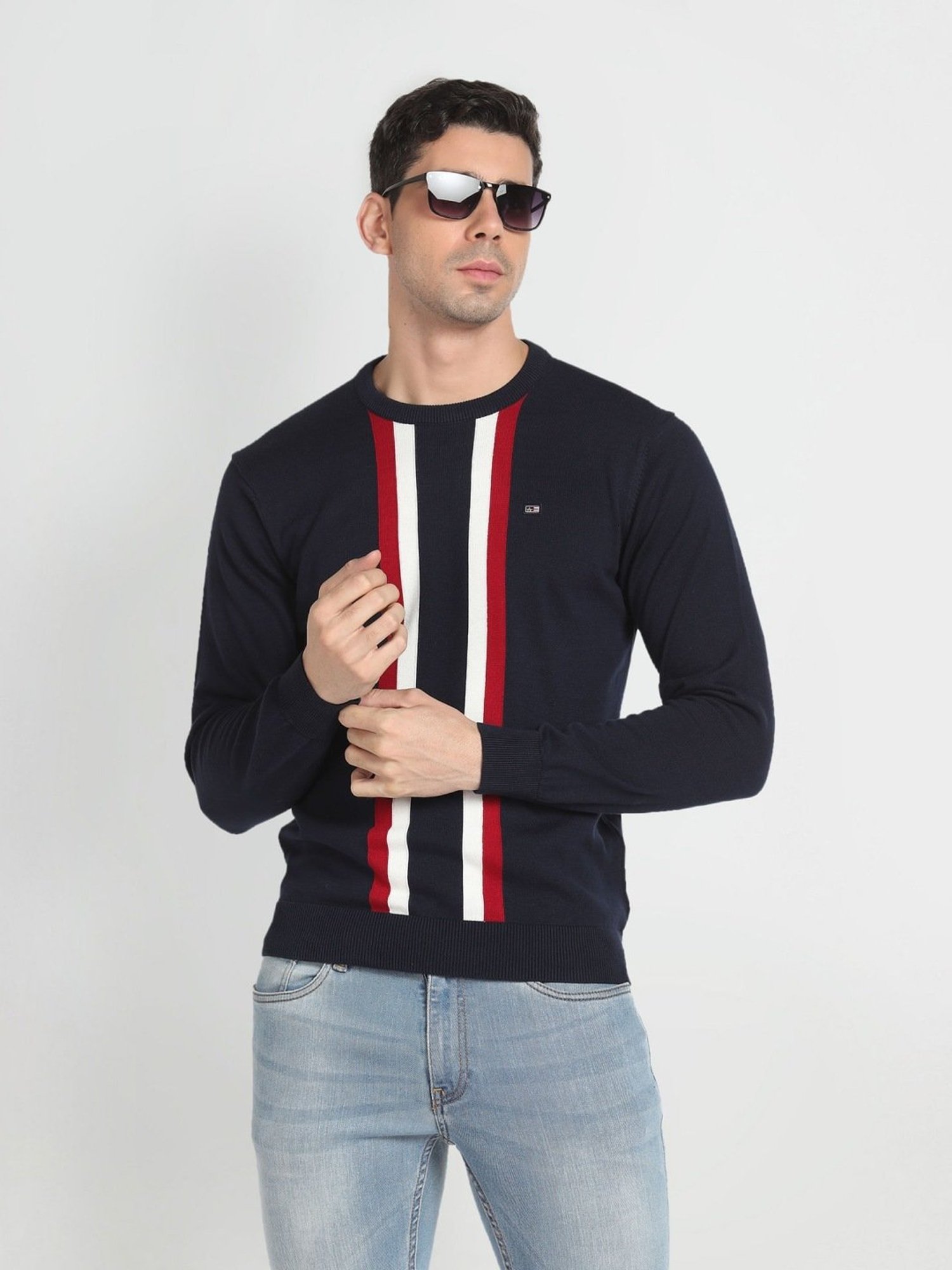Arrow Sport Navy Cotton Regular Fit Striped Sweater