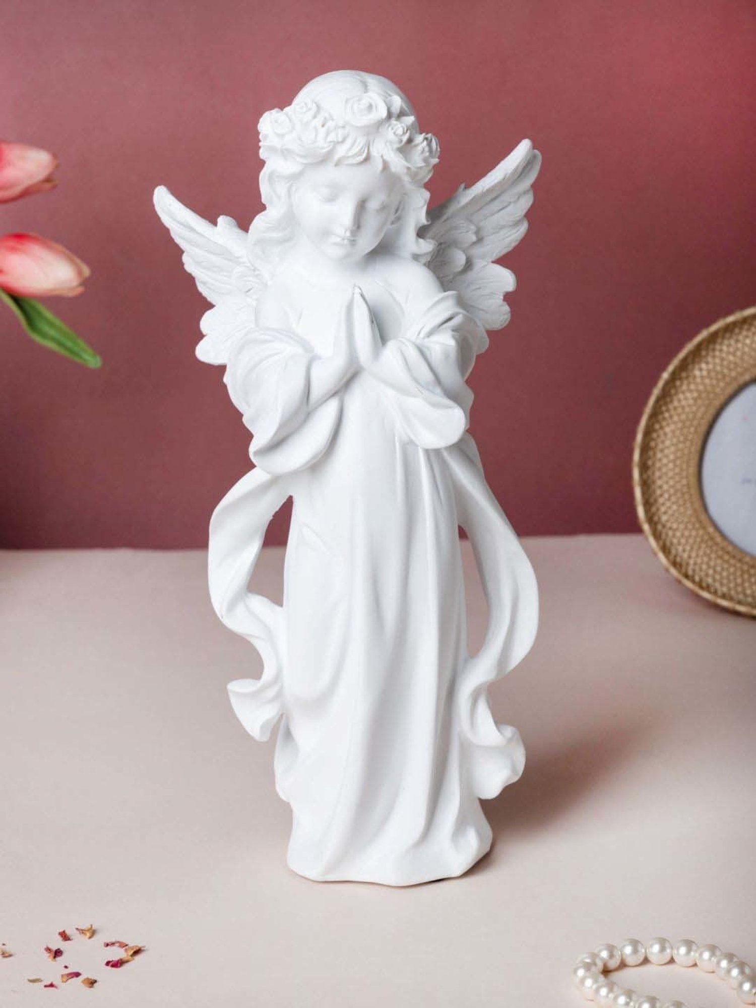 Nestasia White Praying Angel Statue with Wings and Smooth Finishing for Decoration & Gifting (11.8")