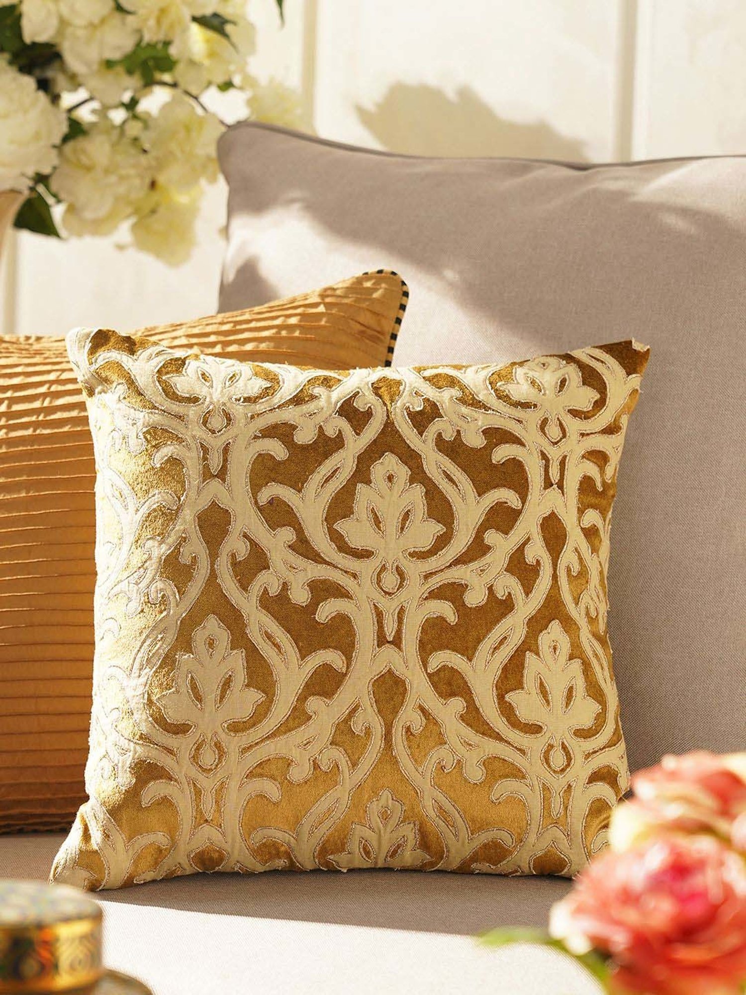 Pure Home and Living Gold Cotton Patch Work Square Cushion Cover