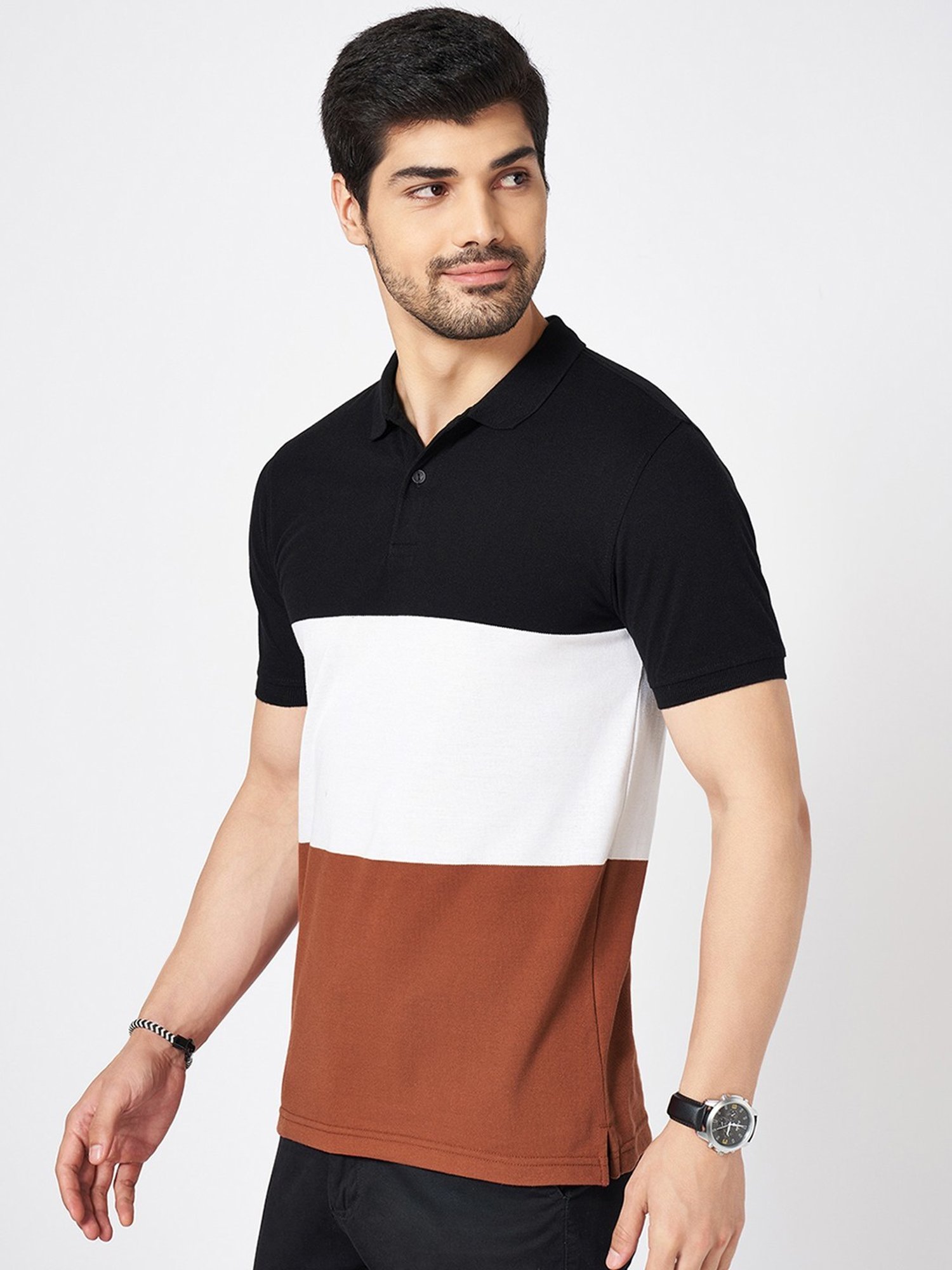 Byford By Pantaloons Multicolored Cotton Slim Fit Colour Block Polo T-Shirt