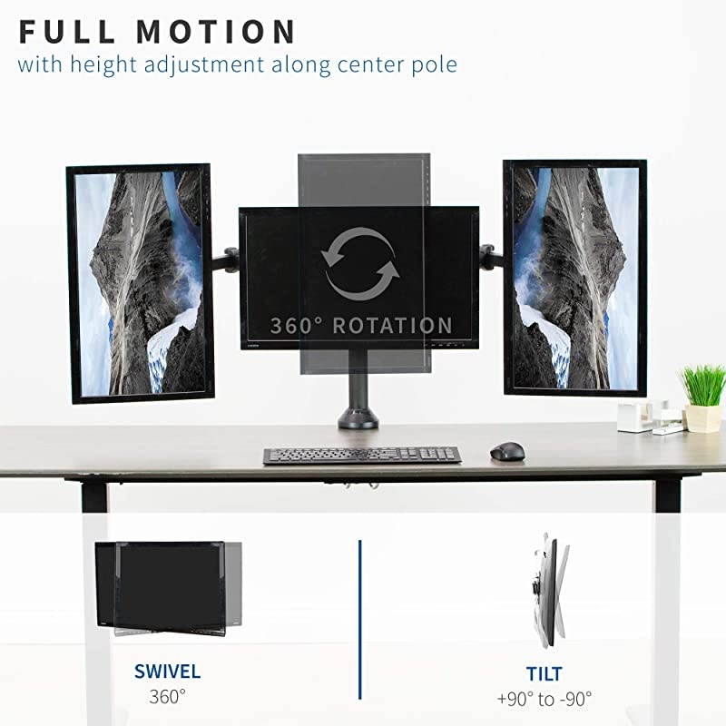 Triple 23 to 32 inch LED LCD Computer Monitor Desk Mount VESA Stand, Heavy Duty Fully Adjustable Tilt, Swivel, and Rotation, Fits 3 Screens, Black, STAND-V103