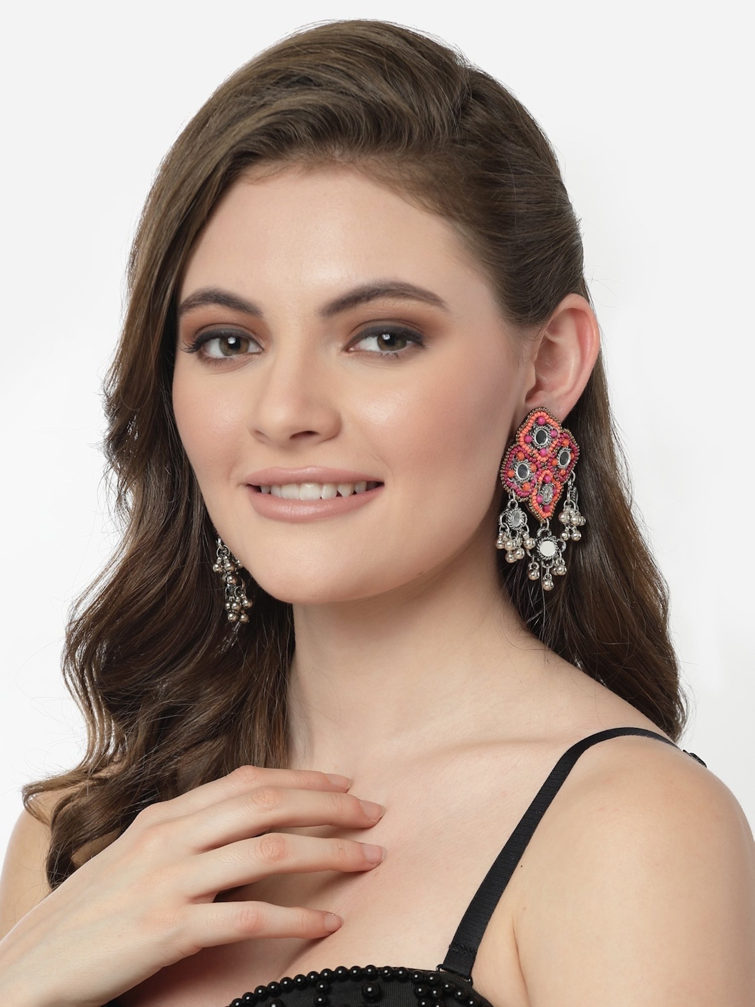 Moedbuille Pink Beads & Mirrors Studded Afghan Design Oxidized Silver-Plated Drop Earrings