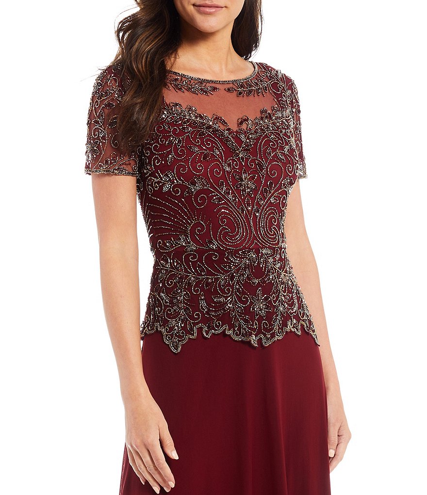 Pisarro Nights Petite Size Beaded Bodice Illusion Boat Neck Short Sleeve Gown