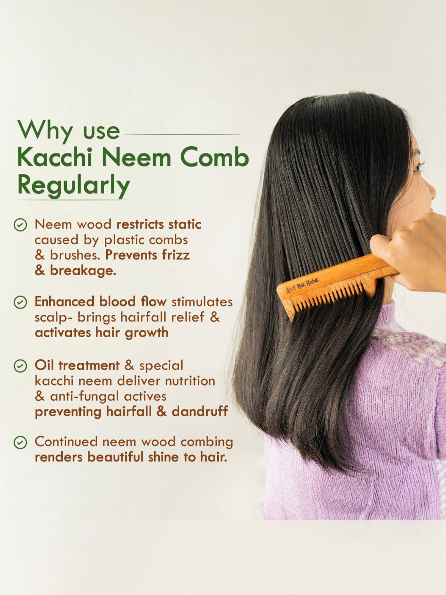 Nat Habit Fine Tooth Kacchi Neem Comb - 1 Pc