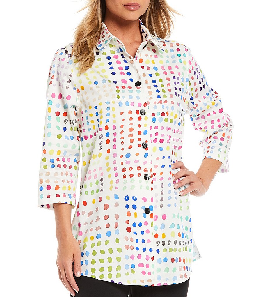 Caroline Rose Painted Dot Stretch Point Collar Neck 3/4 Sleeve Cotton Boyfriend Shirt