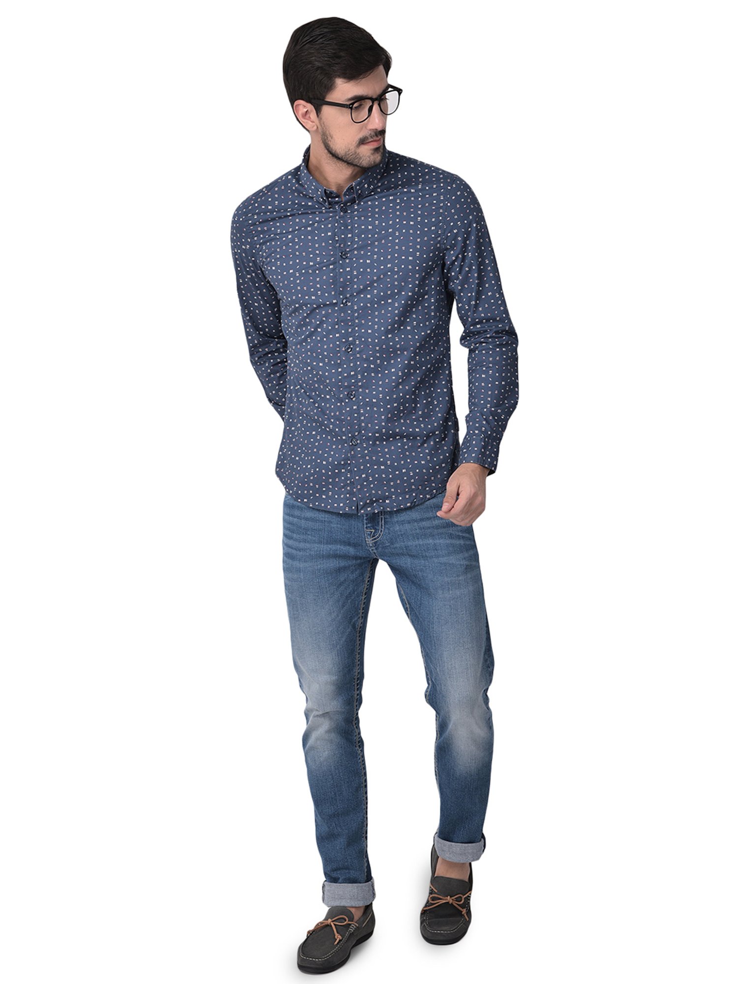 Woodland Blue Regular Fit Printed Cotton Shirt