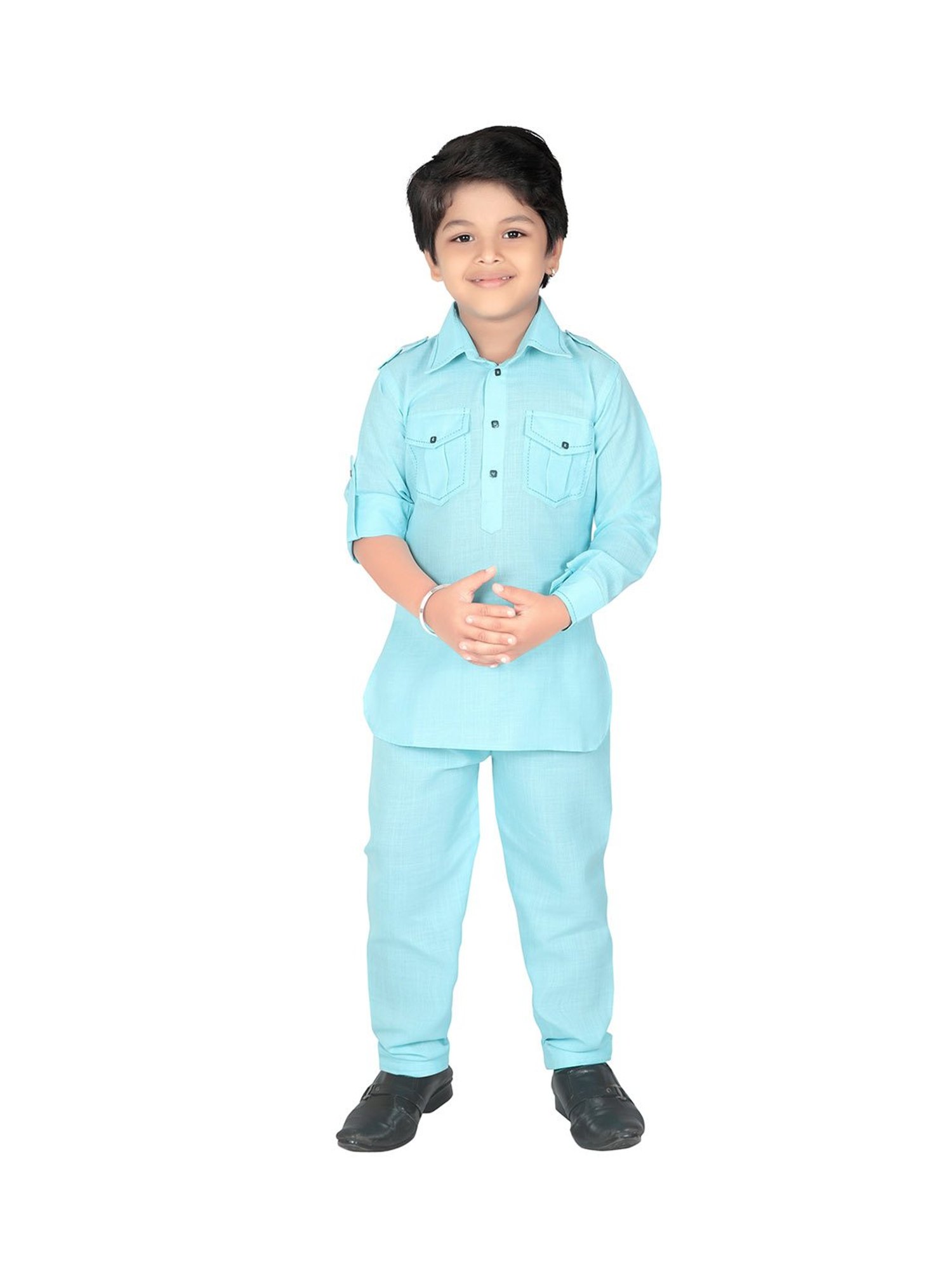 Ahhaaaa Kids Blue Solid Kurta with Pajamas