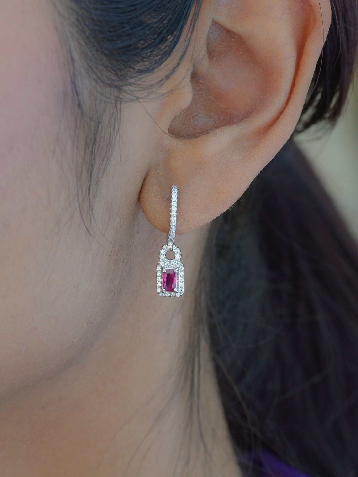 925 Silver Rectangular Red Ruby and American Diamond Bali Hoop Earrings for Women & Girls