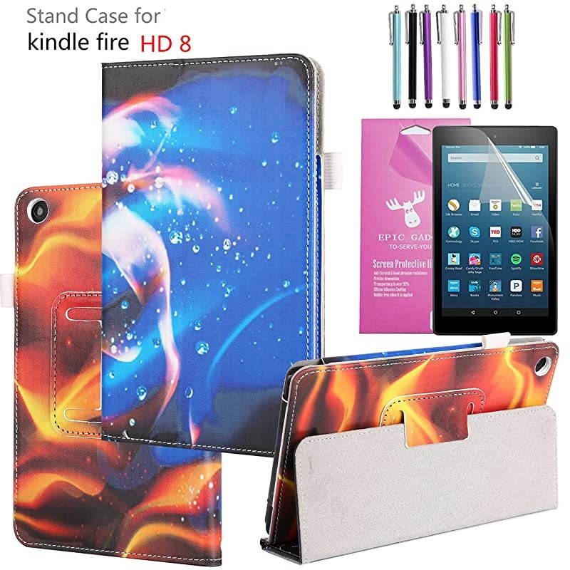 Case for  Fire HD 8" 2018/2017, Auto Sleep/Wake (8th and 7th Generation) Fire HD 8 PU Leather Folding Folio Smart Cover Case For Fire HD 8 Inch 2018/2017 Release (Fire and Water)