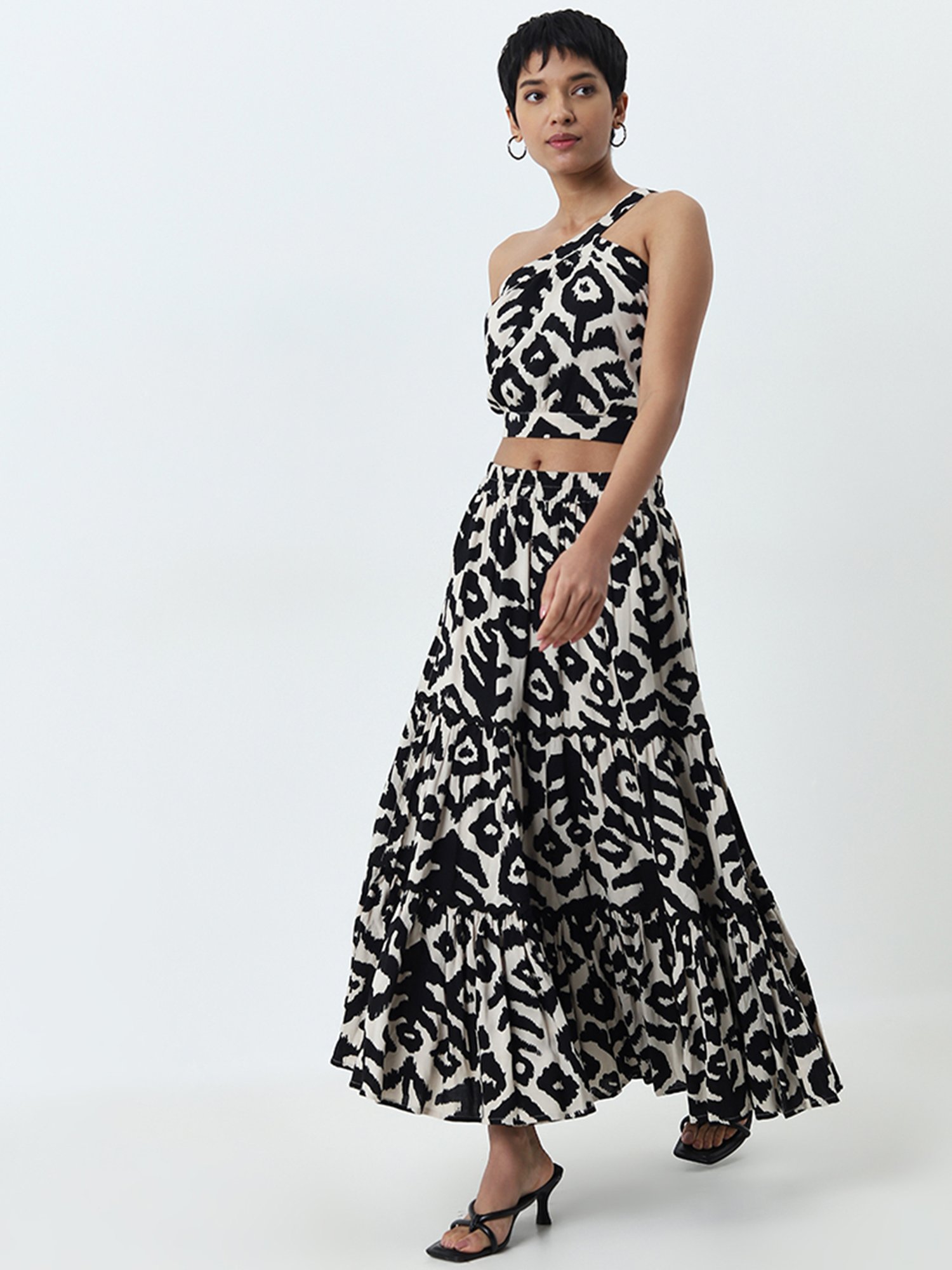 LOV by Westside Off-White Abstract Printed One-Shoulder Top