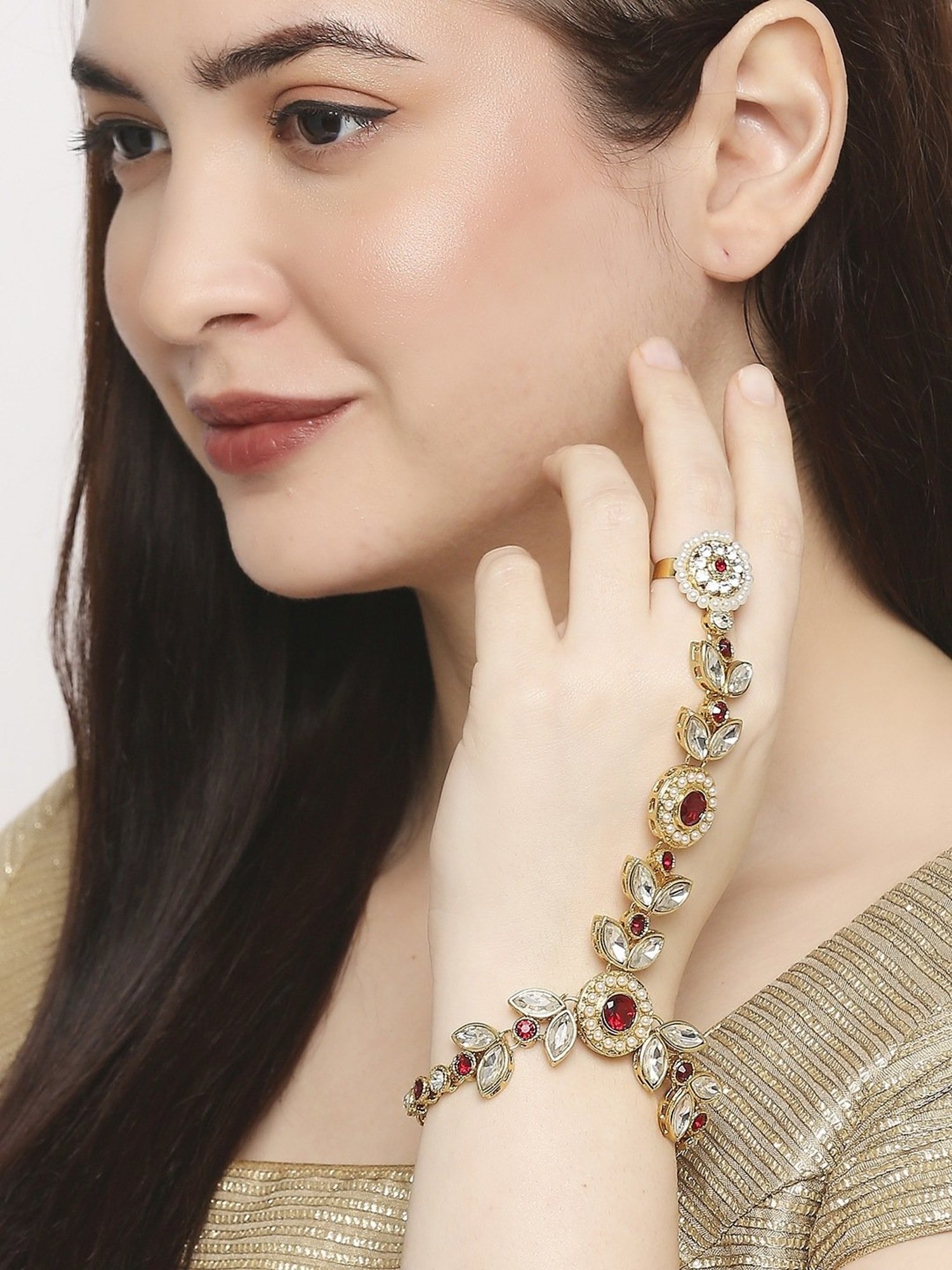 Oomph Red Stones & Kundan Ethnic Statement Hand Harness
