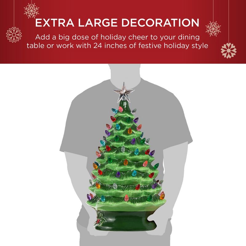 Best Choice Products 24in X-Large Pre-Lit Ceramic Christmas Tree Battery-Powered Decoration w/ LED Light, Timer - Green