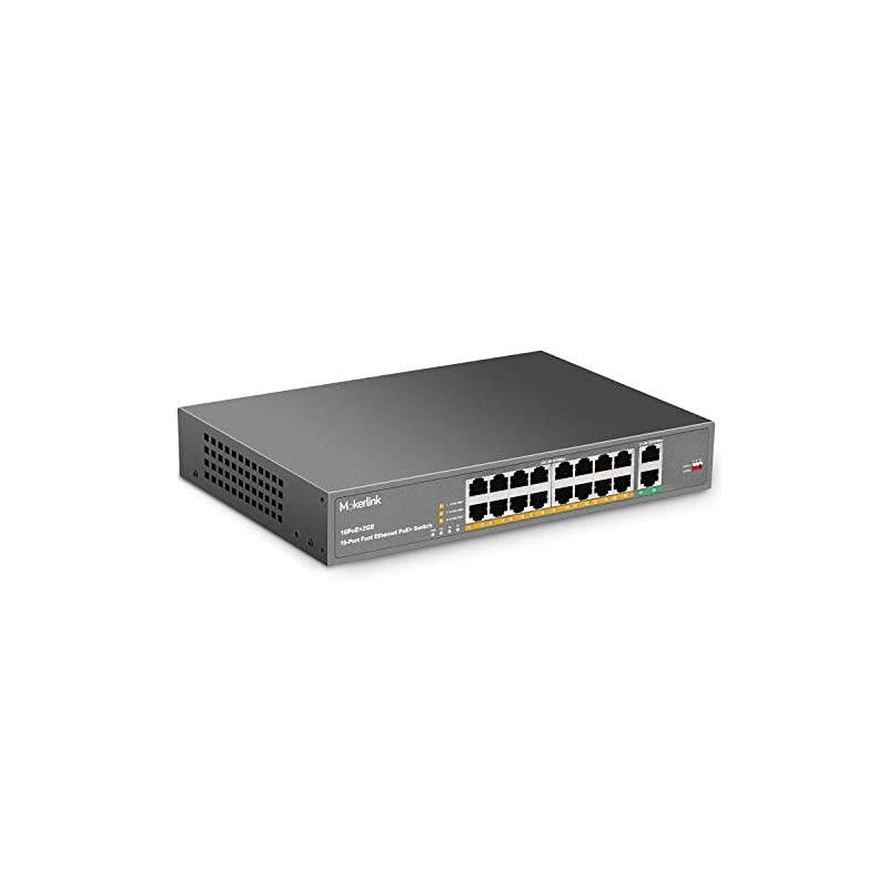 16 Port PoE Switch with 2 Gigabit Uplink Ethernet Port 250W High Power Support IEEE8023afat Rackmount Unmanaged Plug and Play