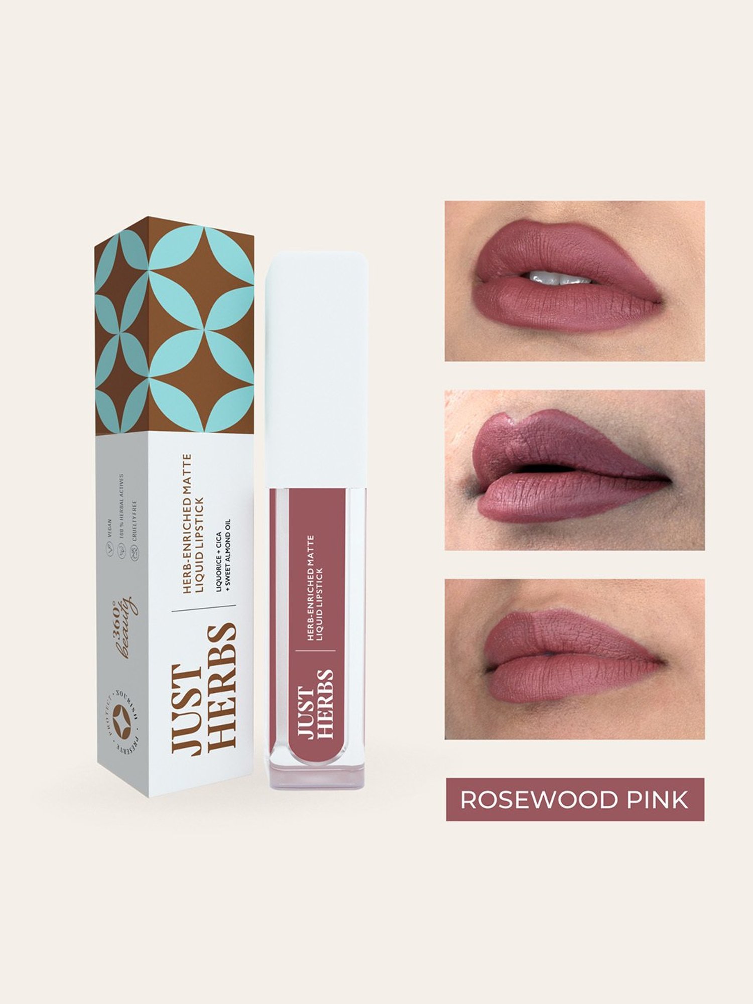 JUST HERBS Herb-Enriched Matte Liquid Lipstick Rosewood Pink - 2 ml