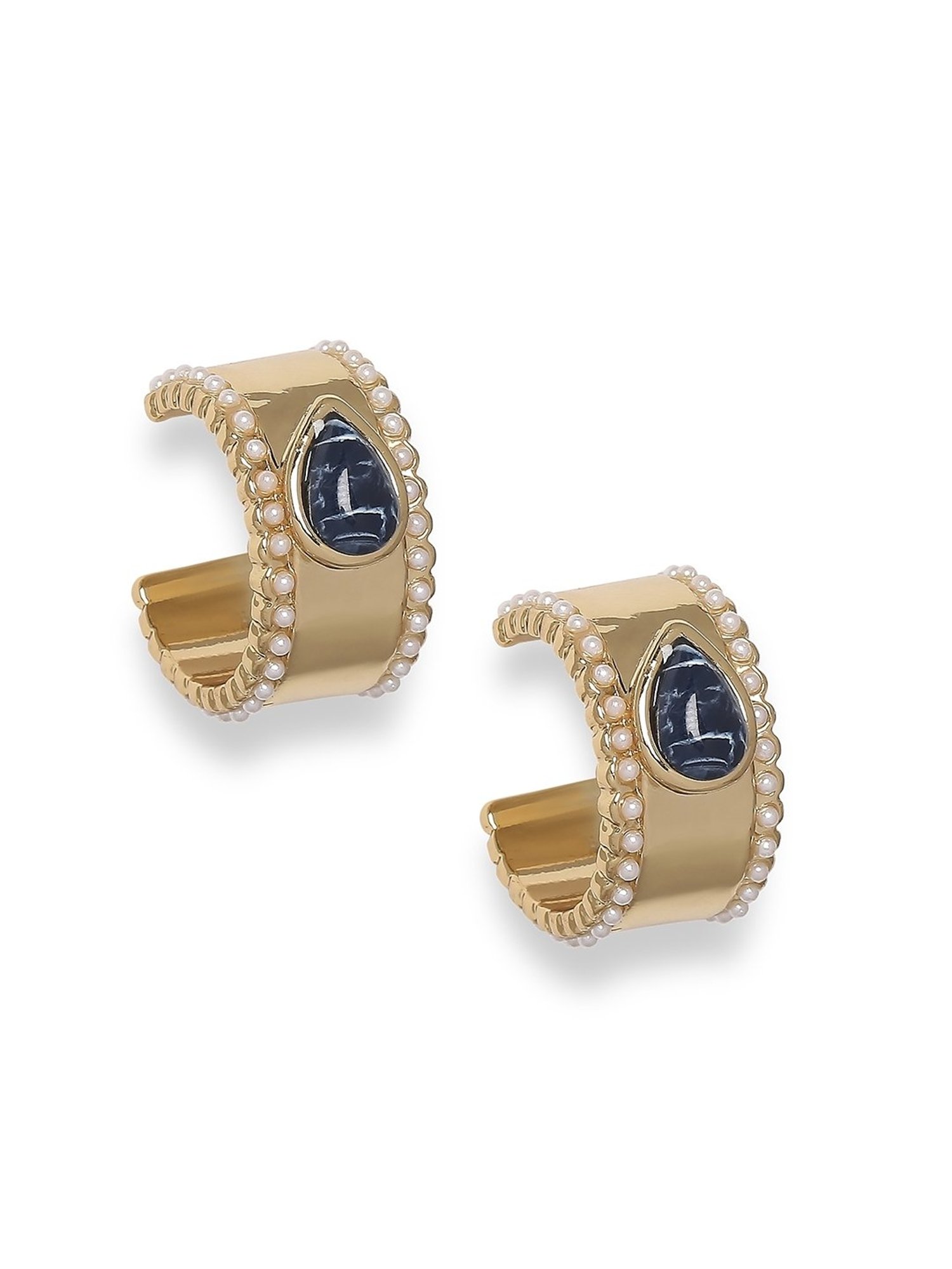 Lilly & Sparkle Gold-Toned Pearl and Blue Stone Studded Hoop Earrings