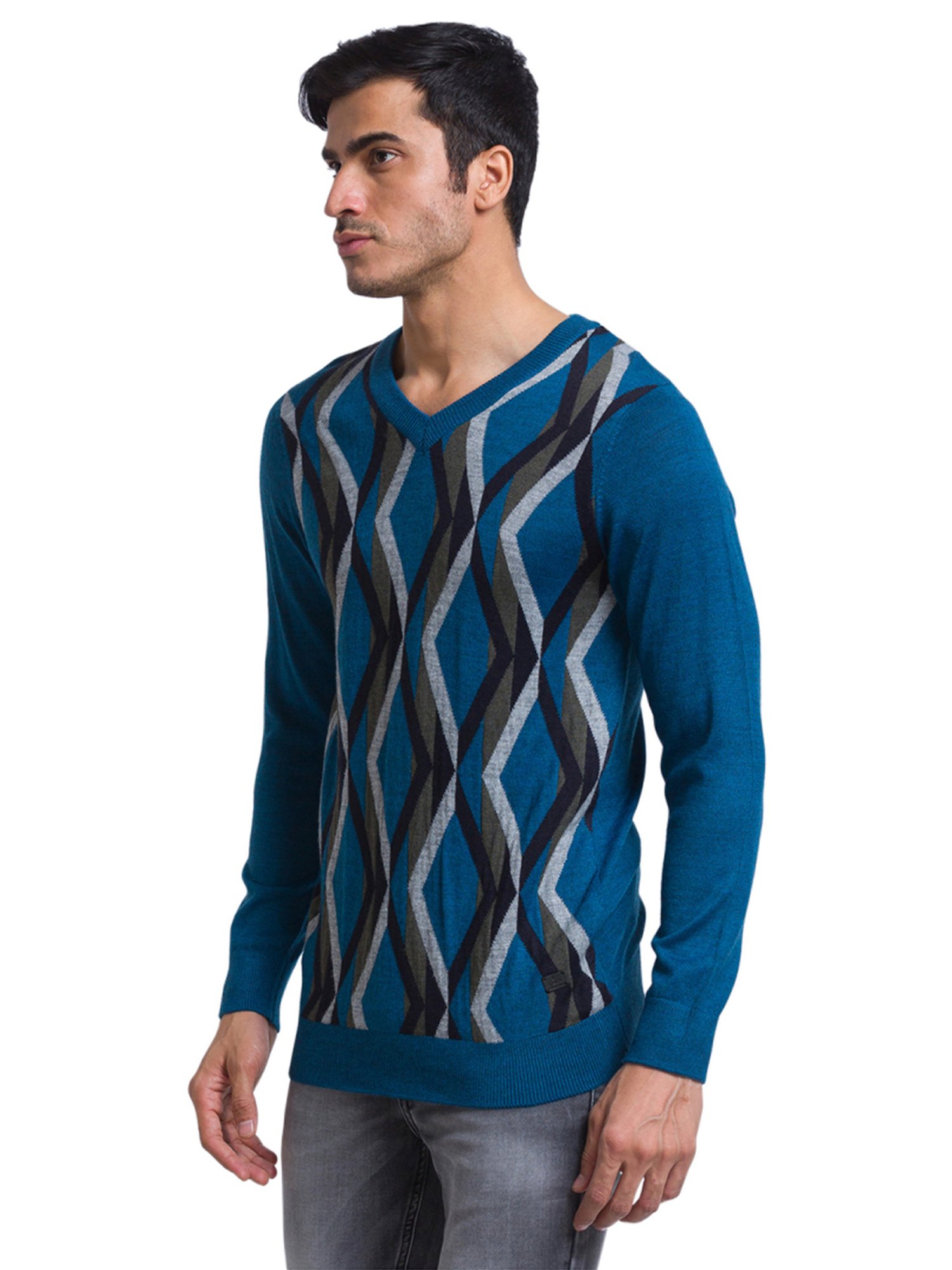 Parx Blue Regular Fit Printed Sweater
