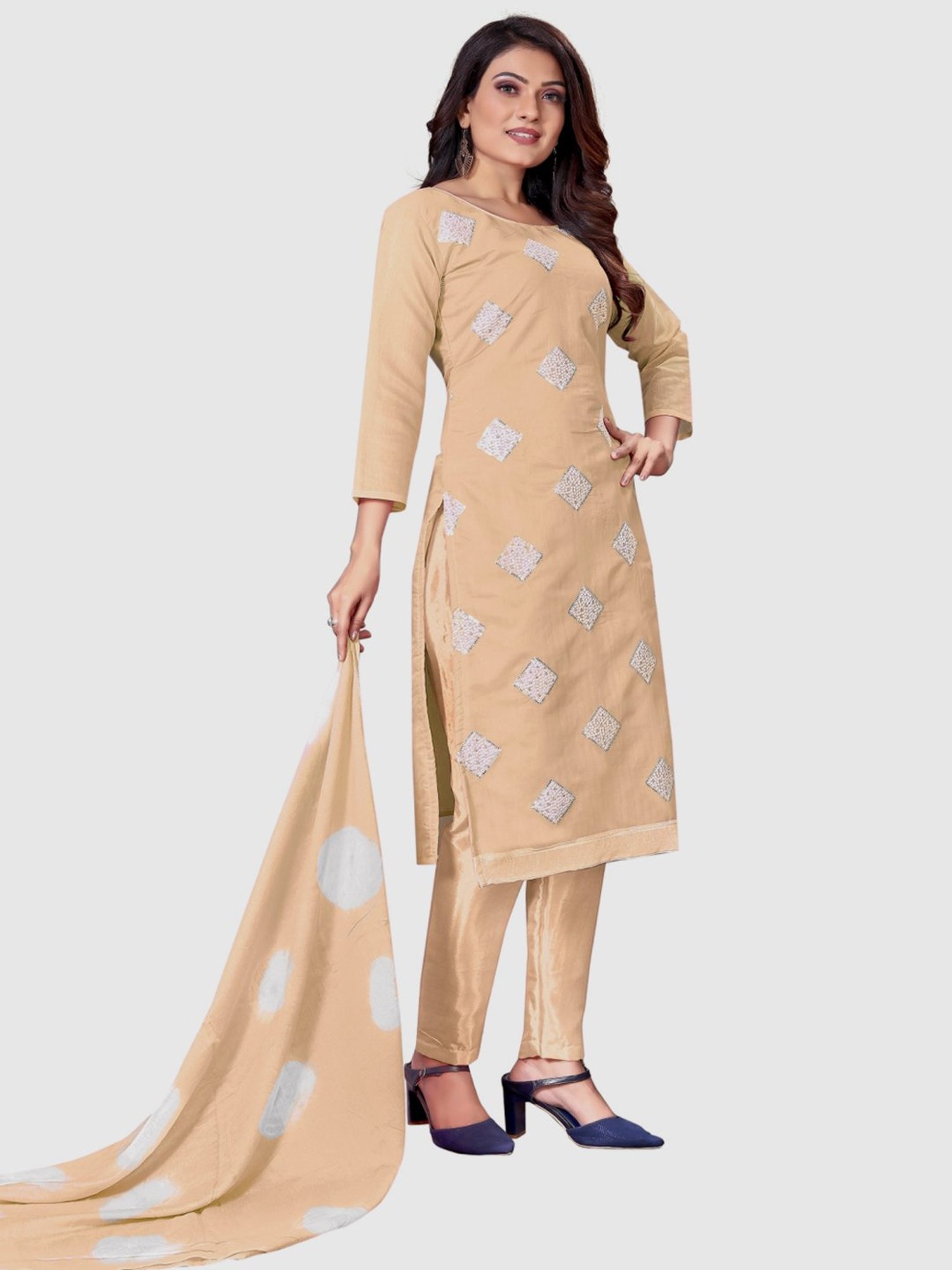 APNISHA Beige Embroidered Unstitched Dress Material