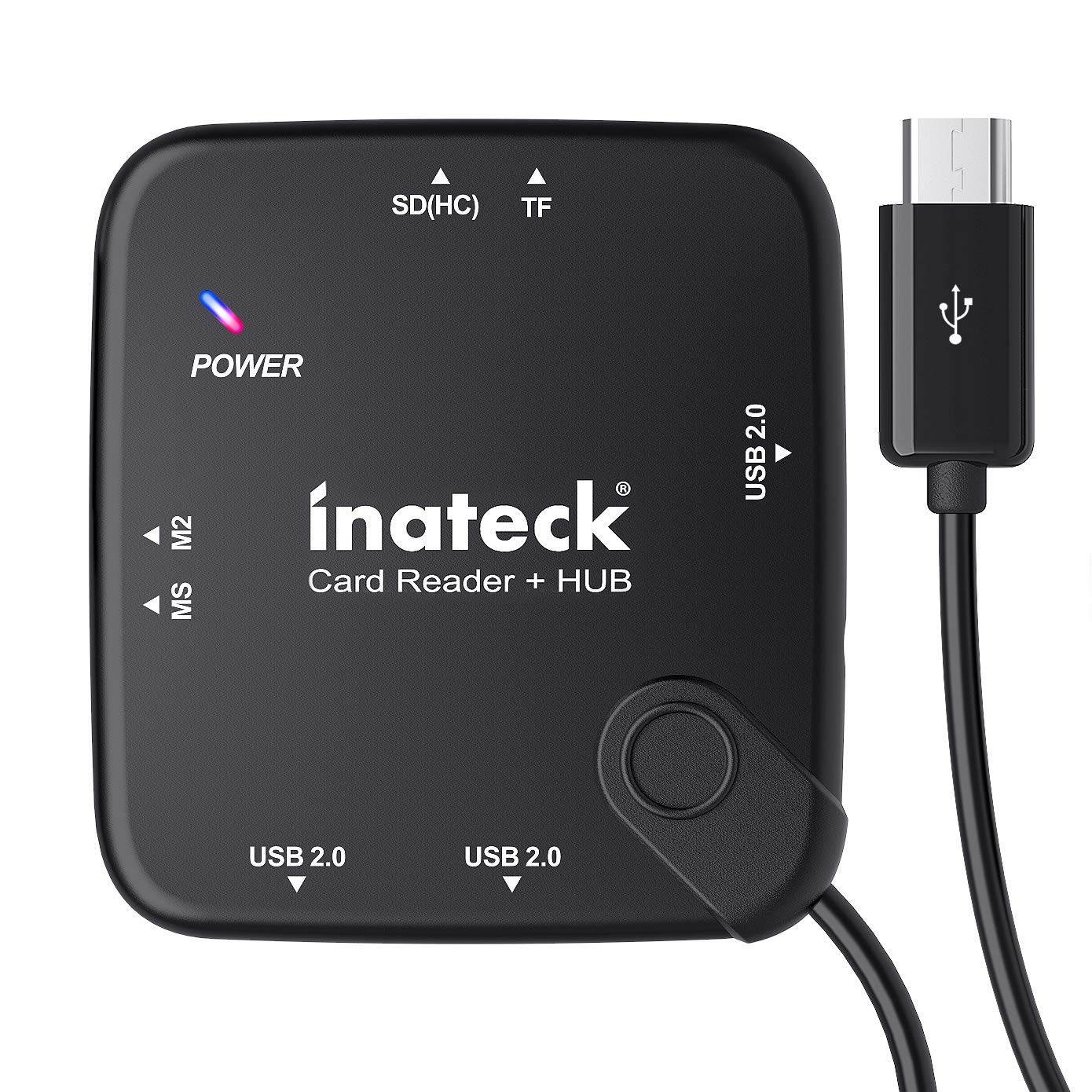 Inateck Card Reader Adapter, USB OTG Adapter with SD/TF/MS/M2 Card Slot and 3 USB 2.0 Ports, (No Power Adapter), Black, HB3001G