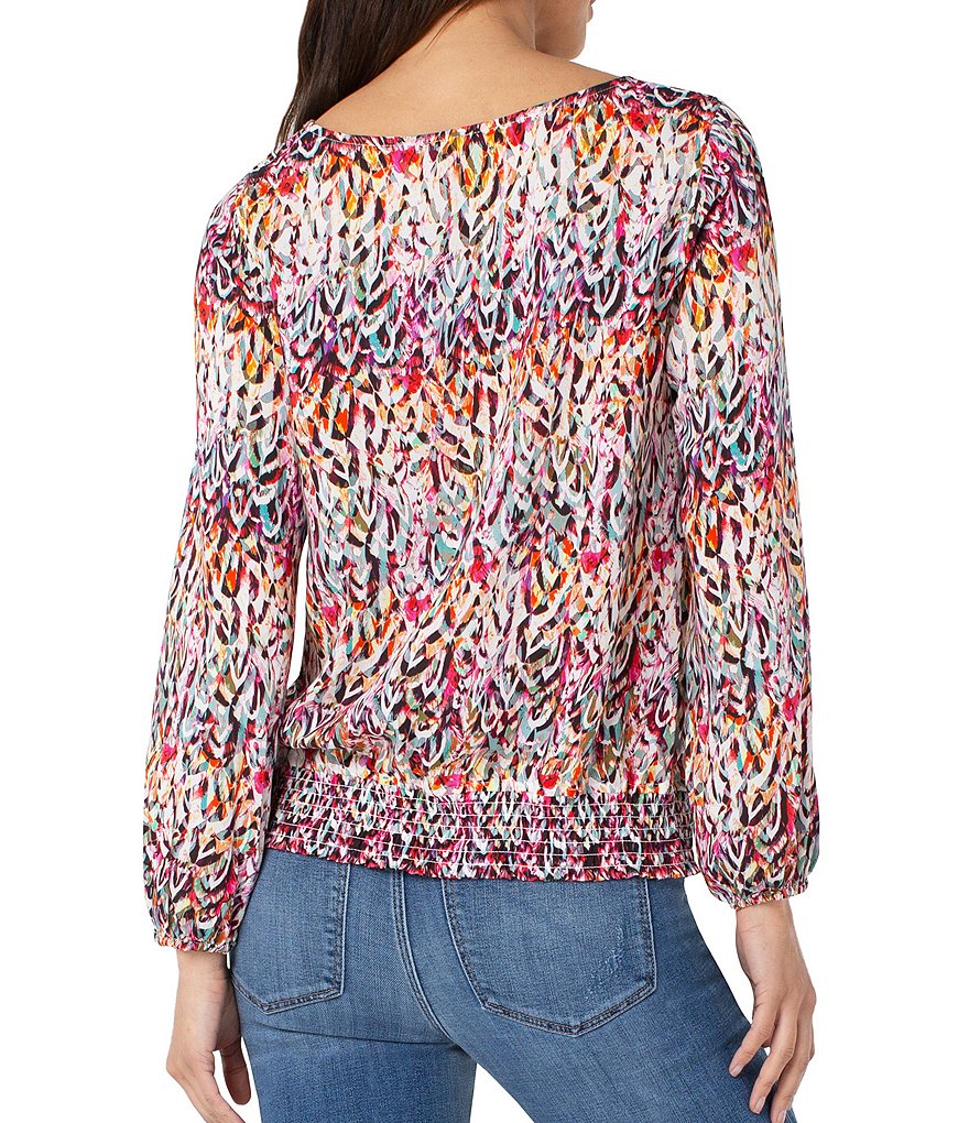 Liverpool Los Angeles Boat Neck Puff Sleeve Smocked Waistband Abstract Print Top