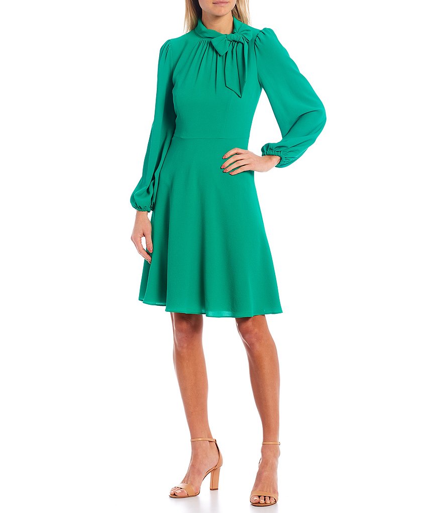 Maggy London Tie Neck Crepe Fit & Flare Long Sleeve Dress