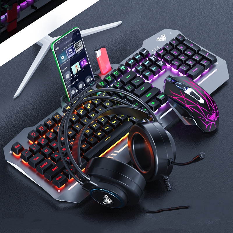 AULA F3010 Ergonomic Design Mechanical Feeling Gaming Keyboard  with Cool Backlit, 2400DPI Macro  Mouse and Gaming Headset Combo for Gaming and Office, 26 Non-conflicting Keys