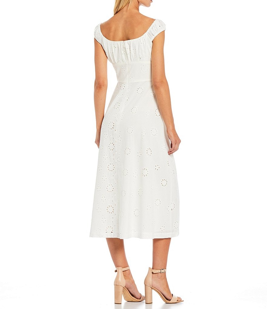 WAYF Floral Embroidered Off-the-Shoulder Midi Dress