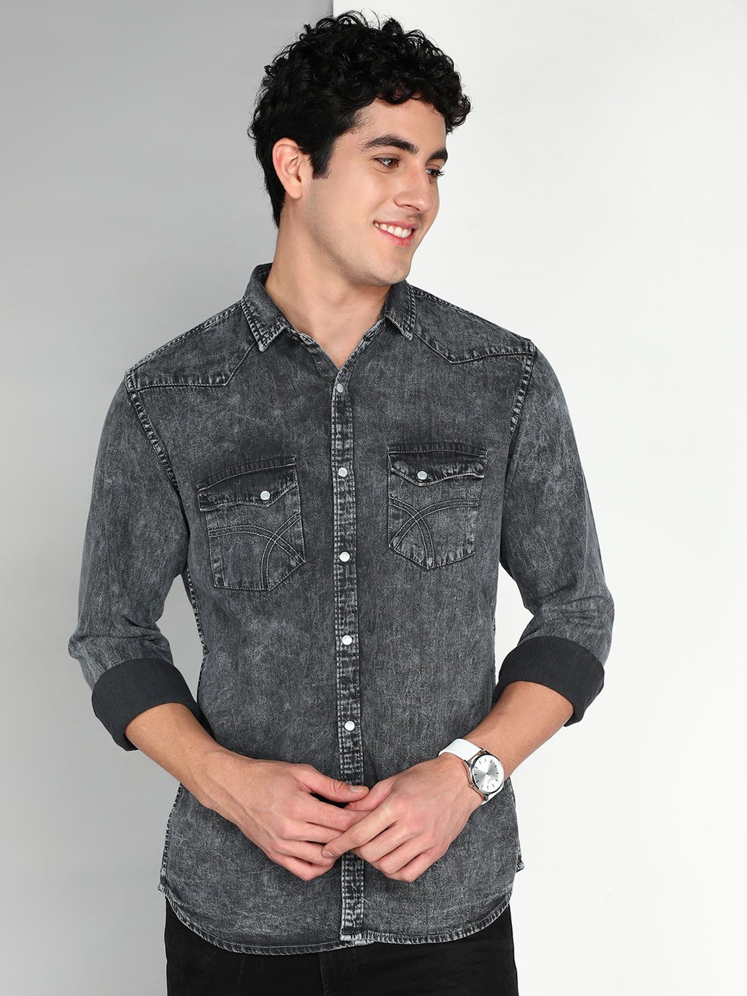 Kuons Avenue Dark Grey Slim Fit Denim Shirt