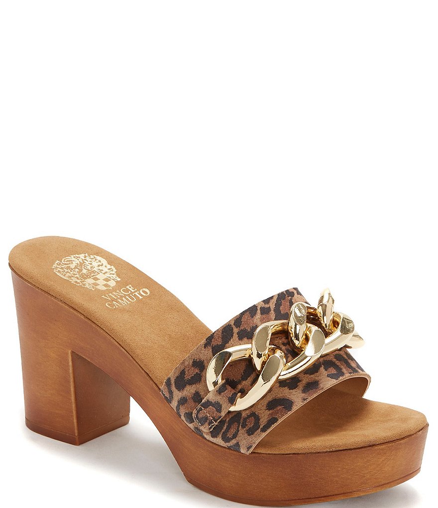 Vince Camuto Leeta Leather Leopard Print Chain Detail Block Heel Wood Slides