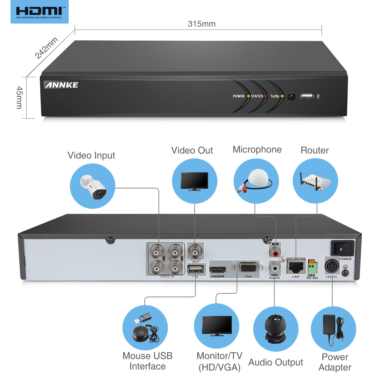 ANNKE 4 Channel Security Camera Outdoor system 3MP 1920x1536p 5-in-1 DVR Video Recorder with 1TB HDD and (4) 1080P Weatherproof Indoor&Outdoor Cameras