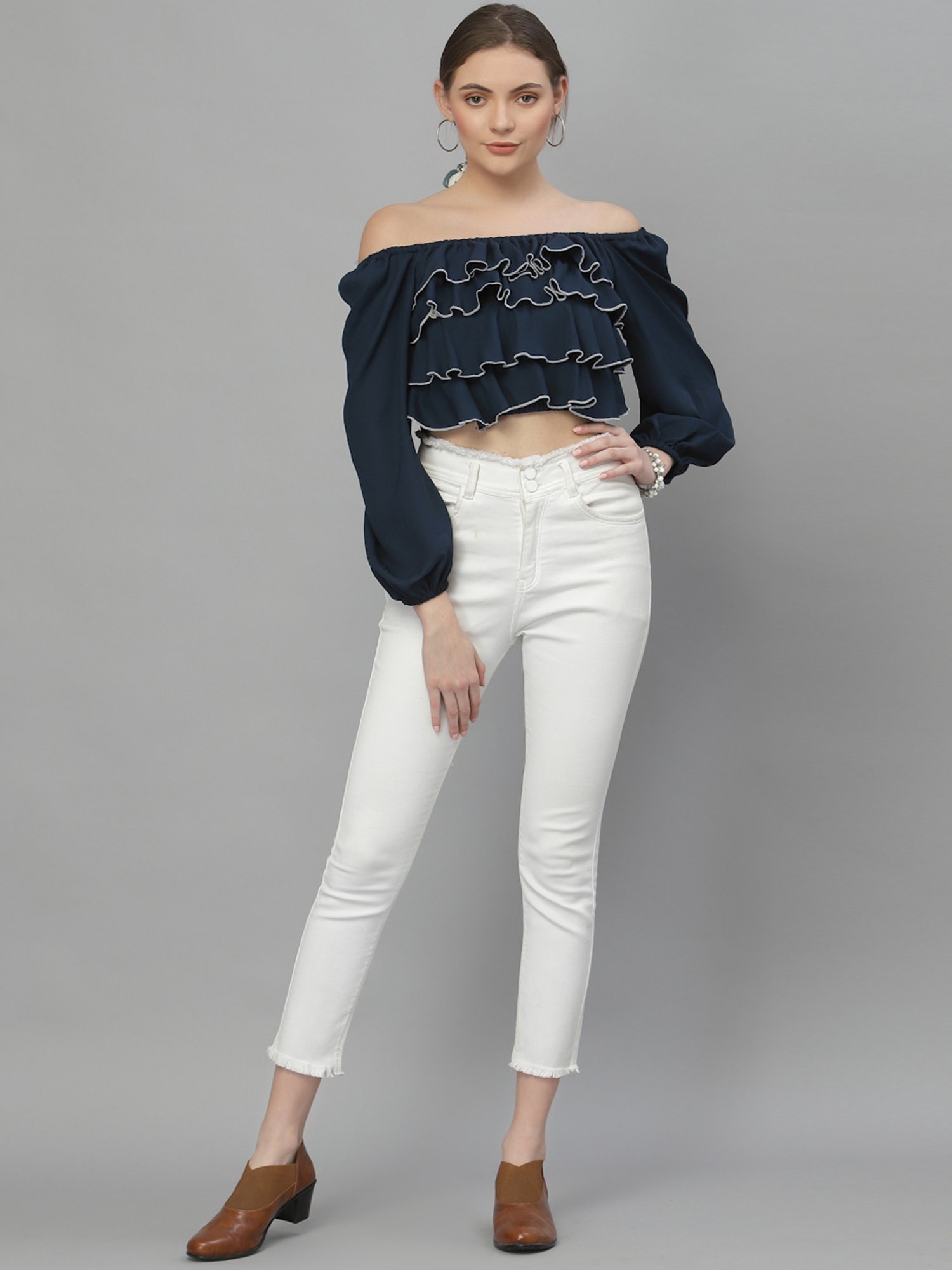 Style Quotient Navy Off Shoulder Crop Top