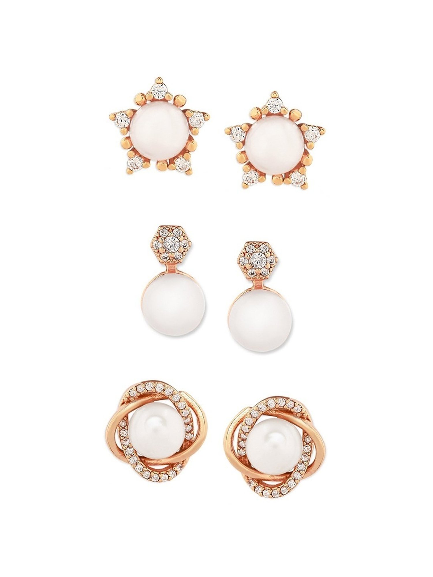 Zaveri Pearls Set of 3 Rose Gold Contemporary Cubic Zirconia Stud Earrings - ZPFK13491