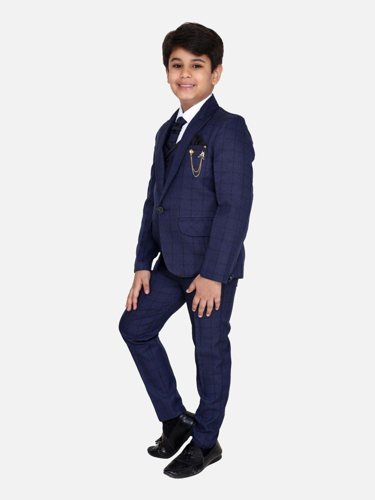 Fourfolds Boys Darkblue Checks Full Sleeves Suit Set