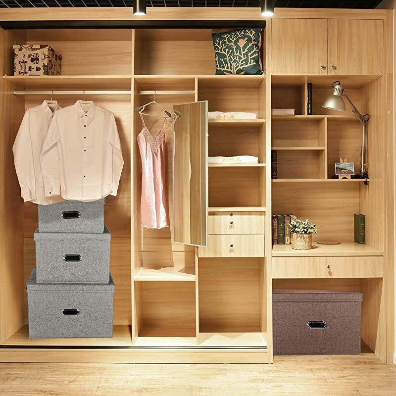 Large Linen Collapsible Storage Bins with Removable with Lids and Handles Washable Storage Box Containers Baskets Cube with Cover for BedroomClosetOfficeLiving RoomNursery Khaki Large